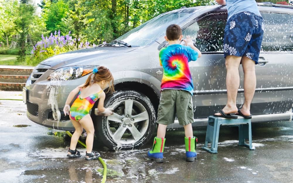 Washing the car involves tasks like scrubbing, rinsing, and drying, which can help children develop their fine motor skills and hand-eye coordination.